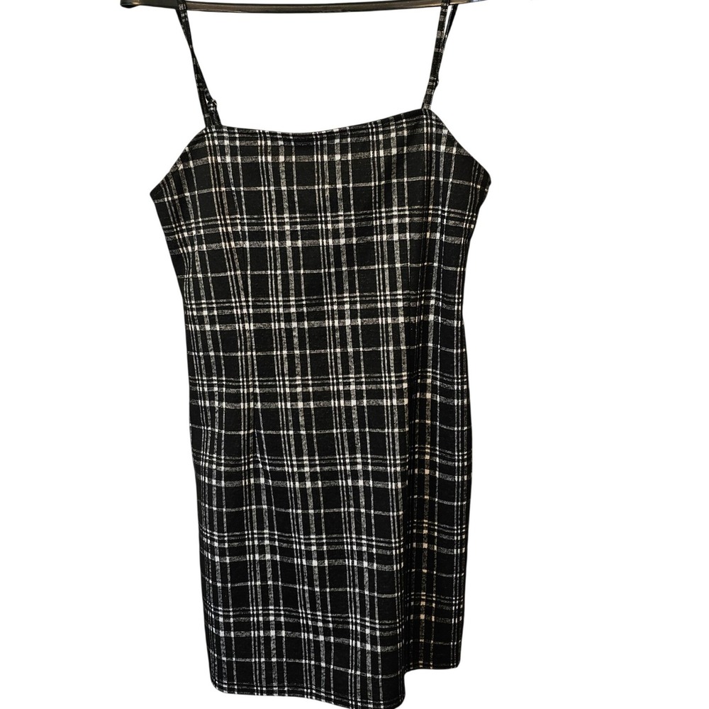 RSQ Womens Plaid Mini Dress Black White Spaghetti Strap Bodycon Large EUC C71067
